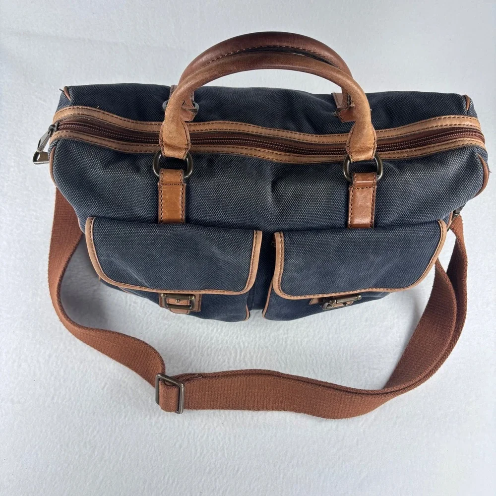 Y2K VTG Fossil Messenger Bag Navy Blue‎ Canvas Leather Laptop Satchel Academia